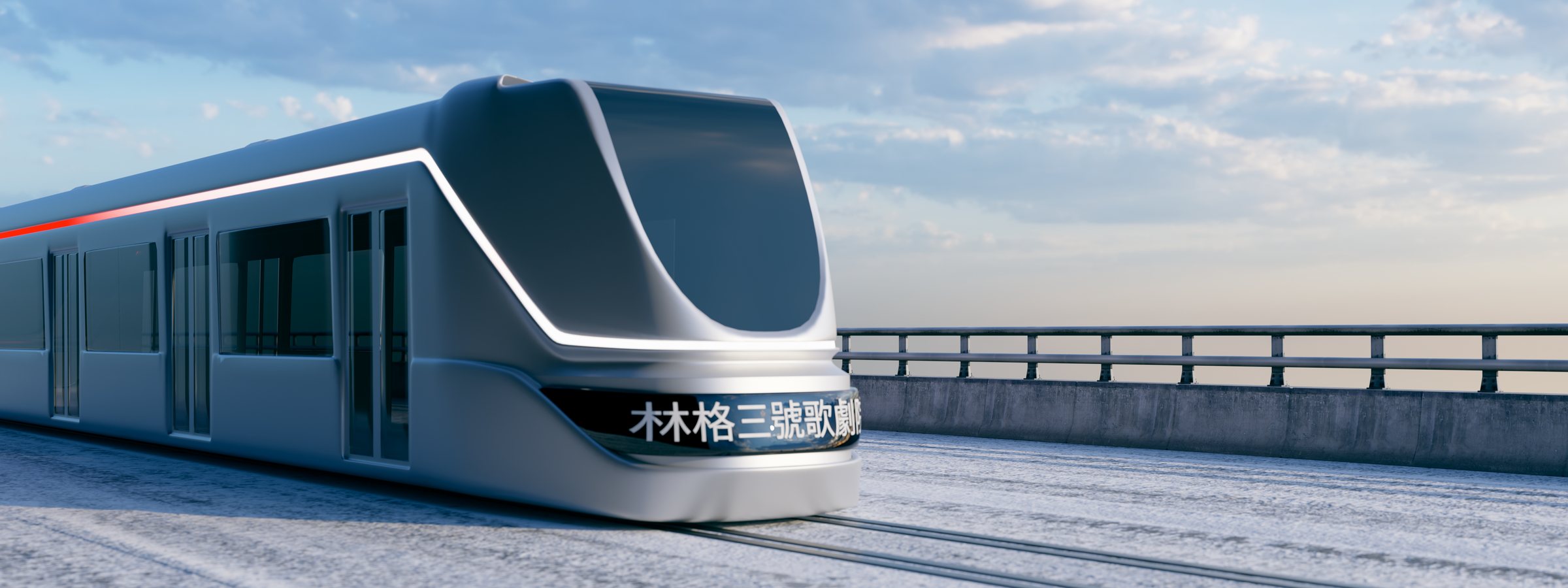 Tramway NORTHLINE sur un pont enneigé