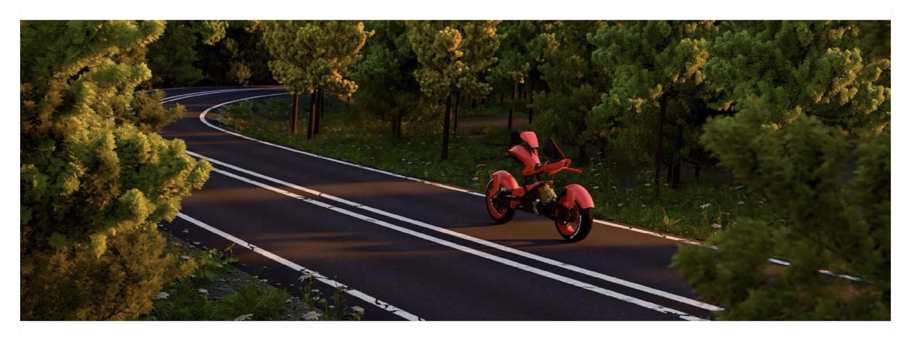 Moto AEGIS sur une route forestière